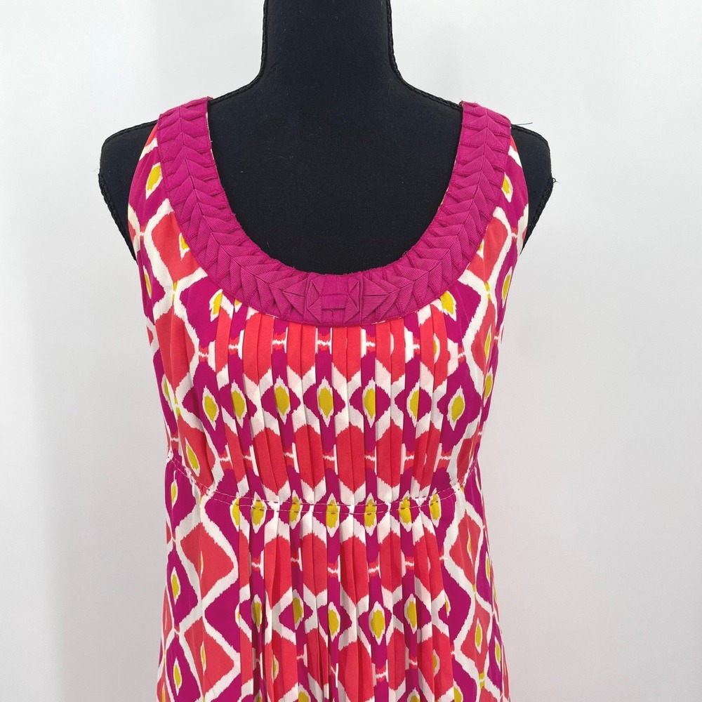 Tory Burch Dress Womens 10 Pink 100% Silk Ikat Pleated Empire Waist Boho Luxury - Picture 3 of 8